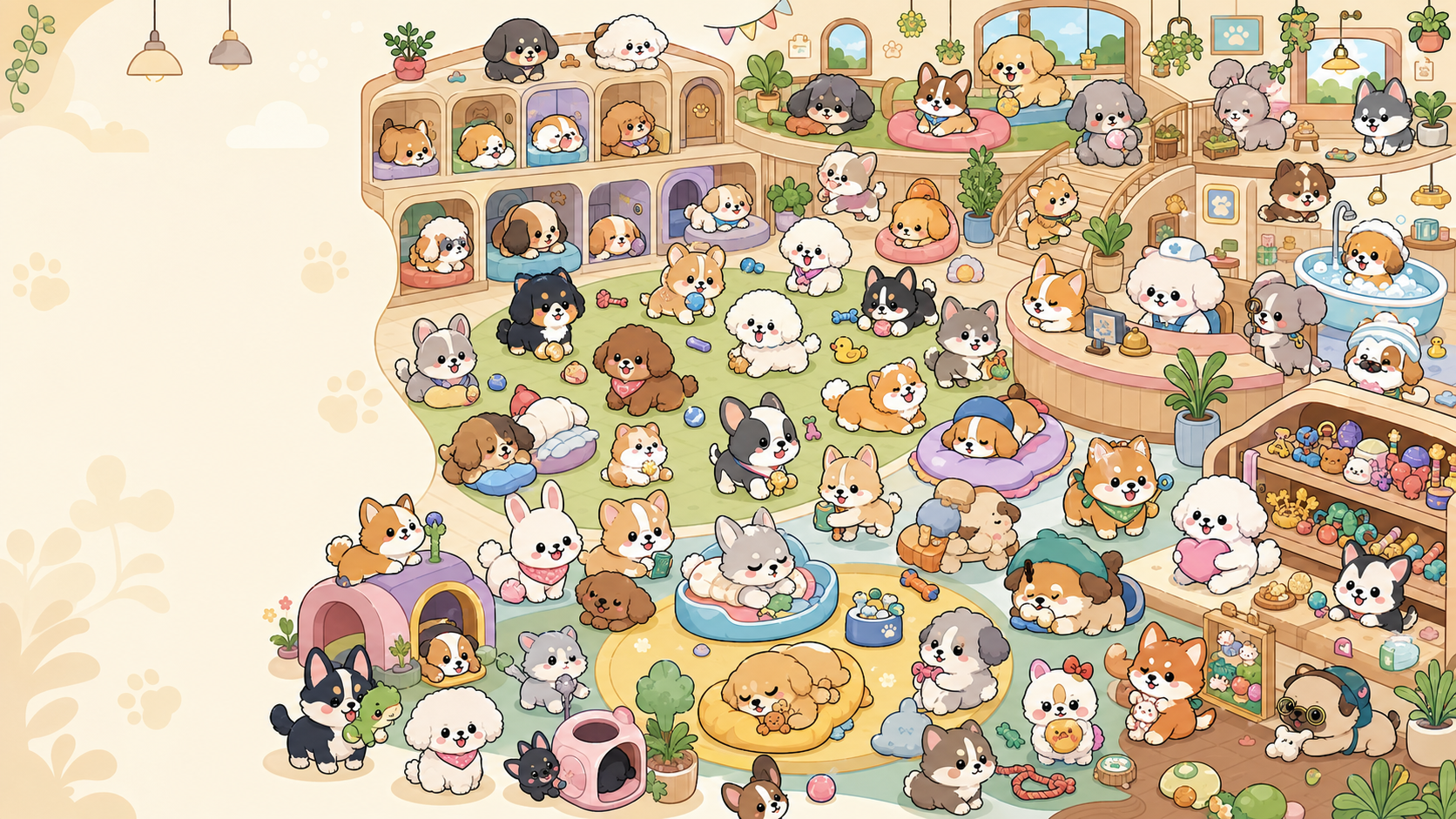 Crowded kawaii hidden-object scene with many cute pet mascots inside a dog hotel