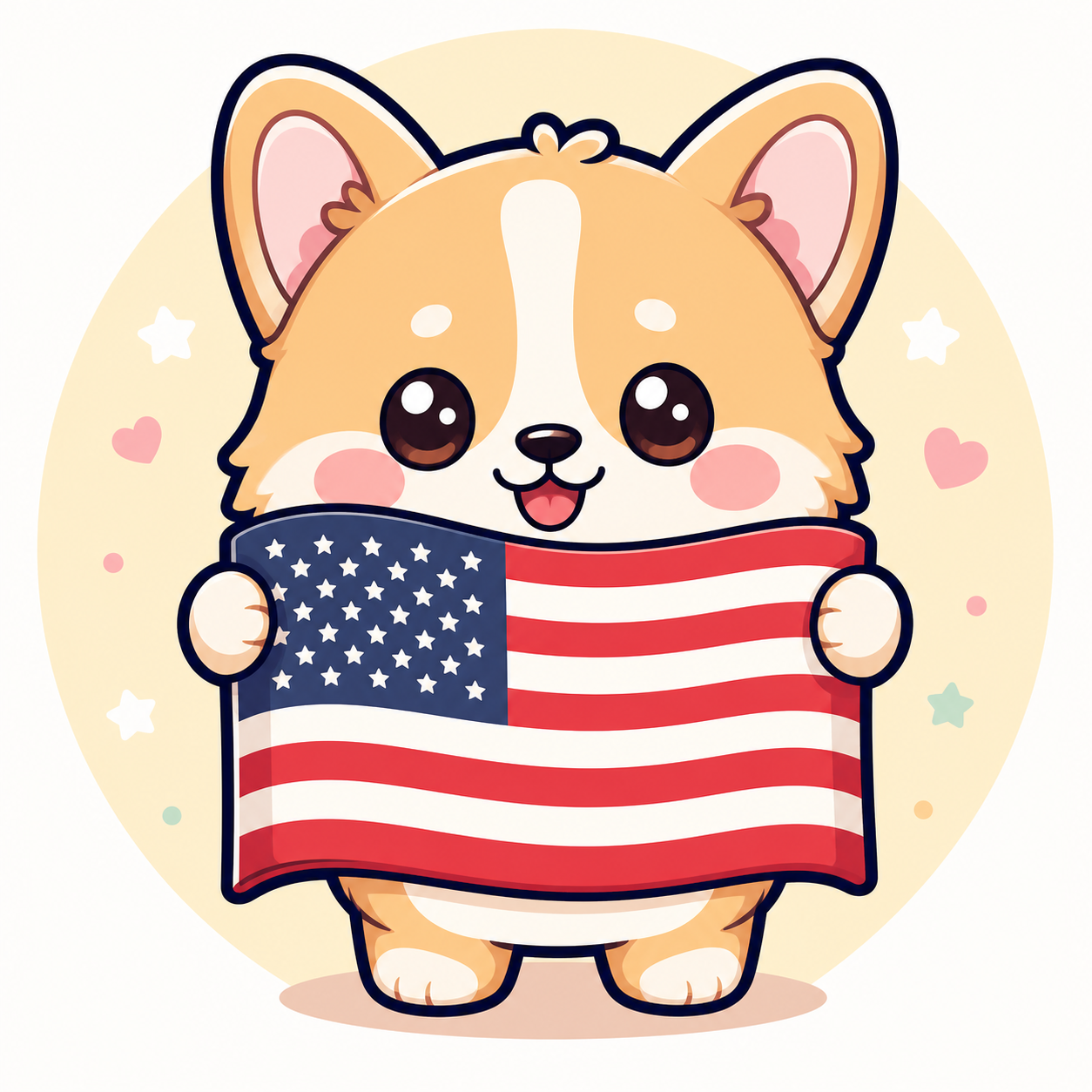 Kawaii dog hugging a United States flag