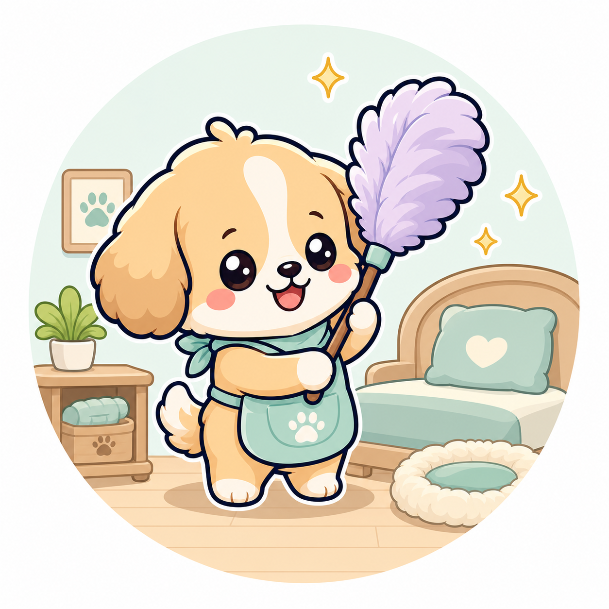Kawaii dog cleaning a suite with a feather duster