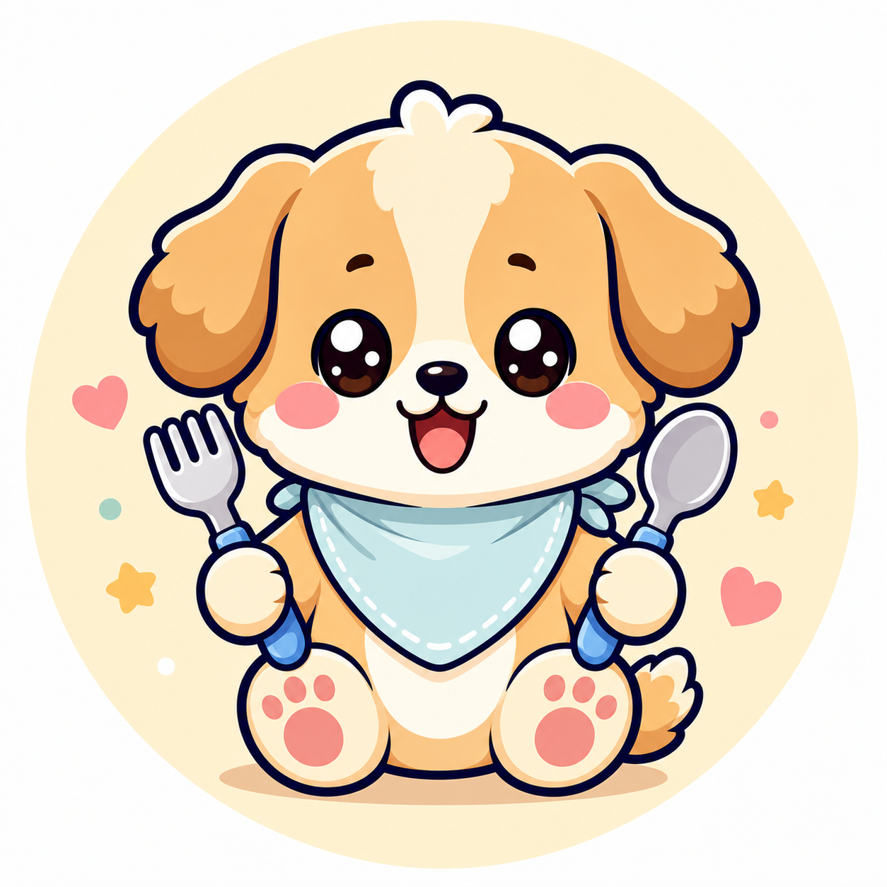 Kawaii dog holding fork and spoon with a napkin around the neck