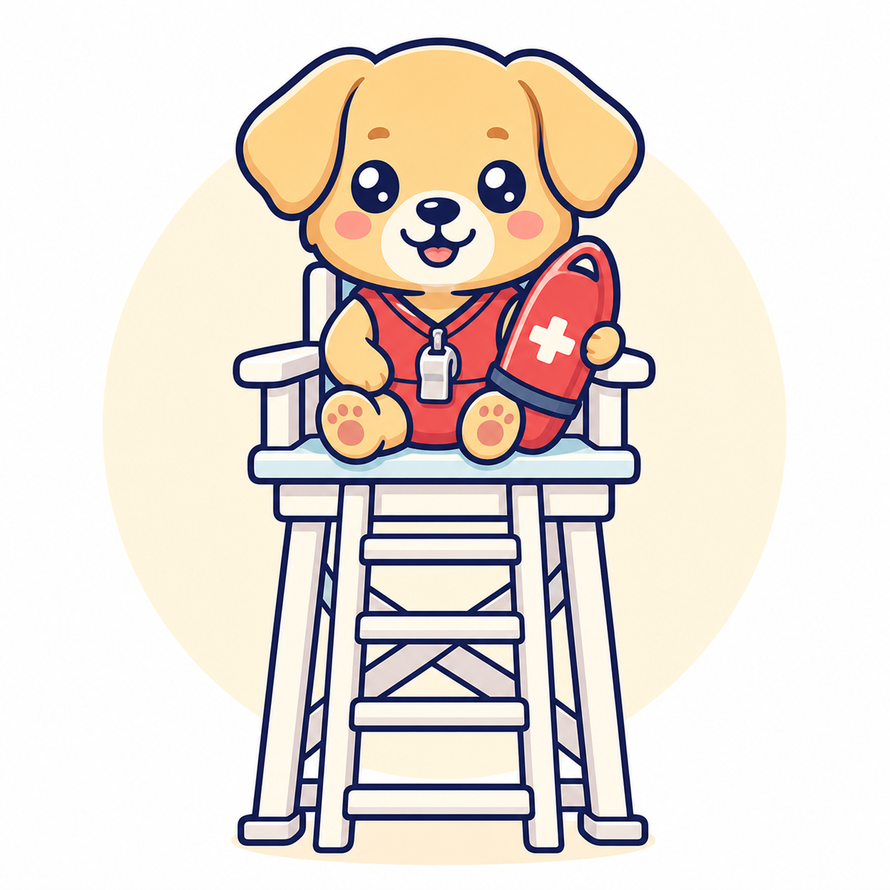 Kawaii dog lifeguard sitting on a tall lifeguard chair