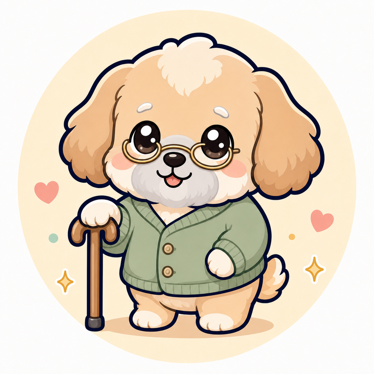 Kawaii senior dog with a cane for calm care