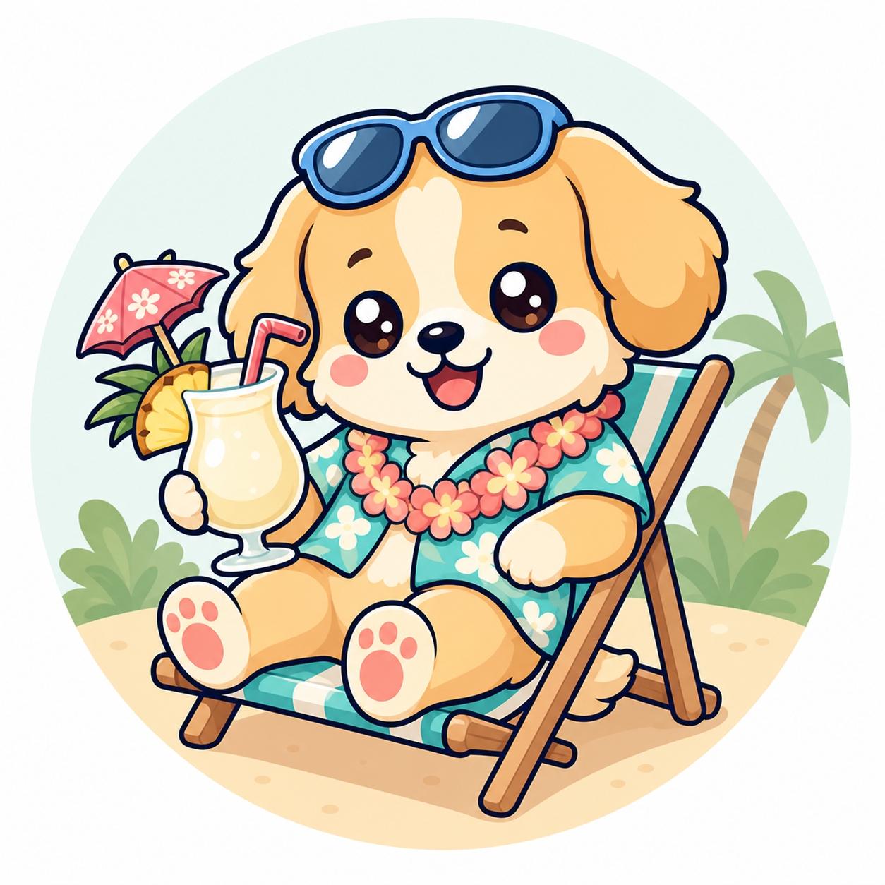 Kawaii dog holding a pina colada as a day guest